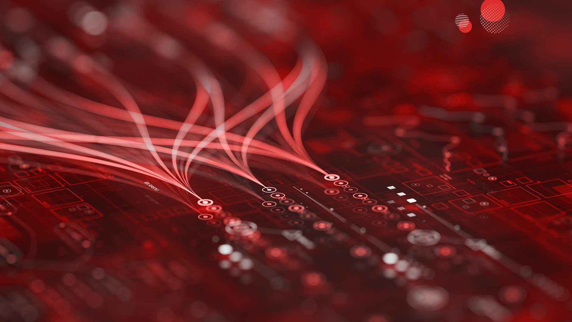 Imagem abstrata em tons de vermelho e preto, representando o tráfego de saída de dados na nuvem. Linhas luminosas conectam pontos em um circuito digital, simbolizando o egress traffic, a transferência de dados e a infraestrutura de rede. O efeito visual transmite a ideia de movimentação de informações, conectividade e computação em nuvem.