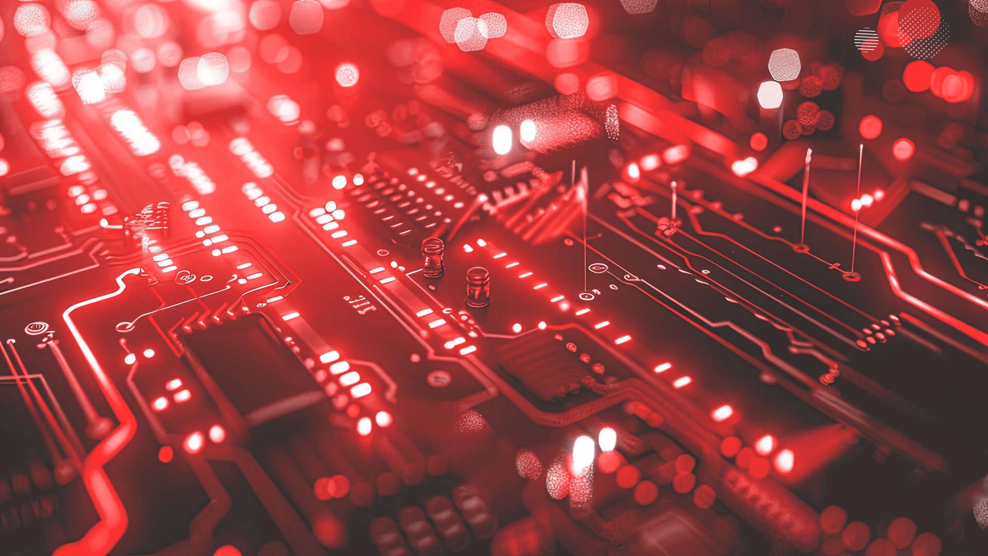 Circuito eletrônico iluminado em tons de vermelho, simbolizando tecnologia e sistemas digitais, associado a conceitos de RTO (Recovery Time Objective) e RPO (Recovery Point Objective) no contexto de segurança da informação.