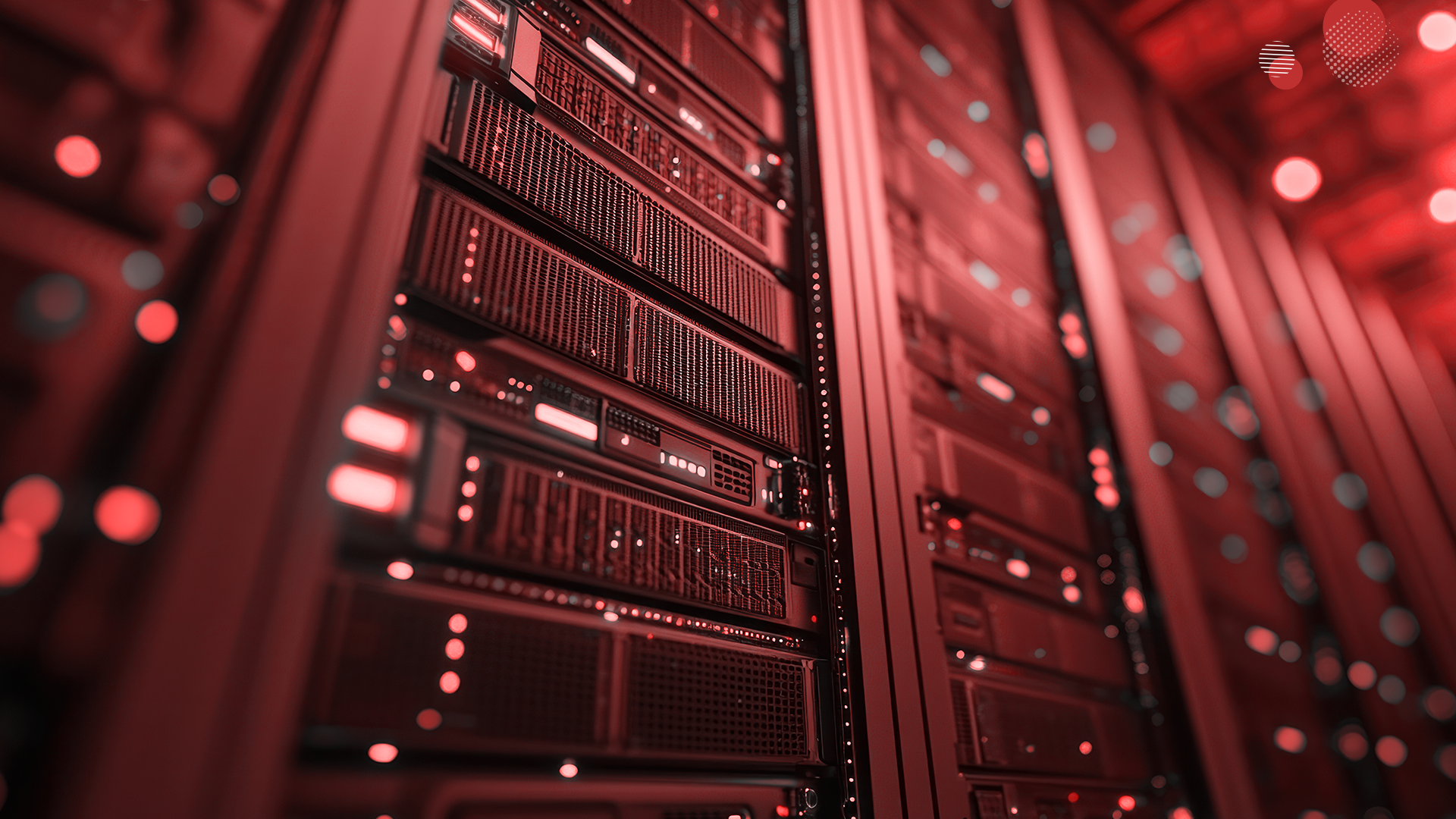 Um servidor de data center em tom avermelhado, representando o conceito de hiperconvergência (HCI), com racks interconectados que simbolizam a integração de armazenamento, computação e rede em uma infraestrutura unificada.