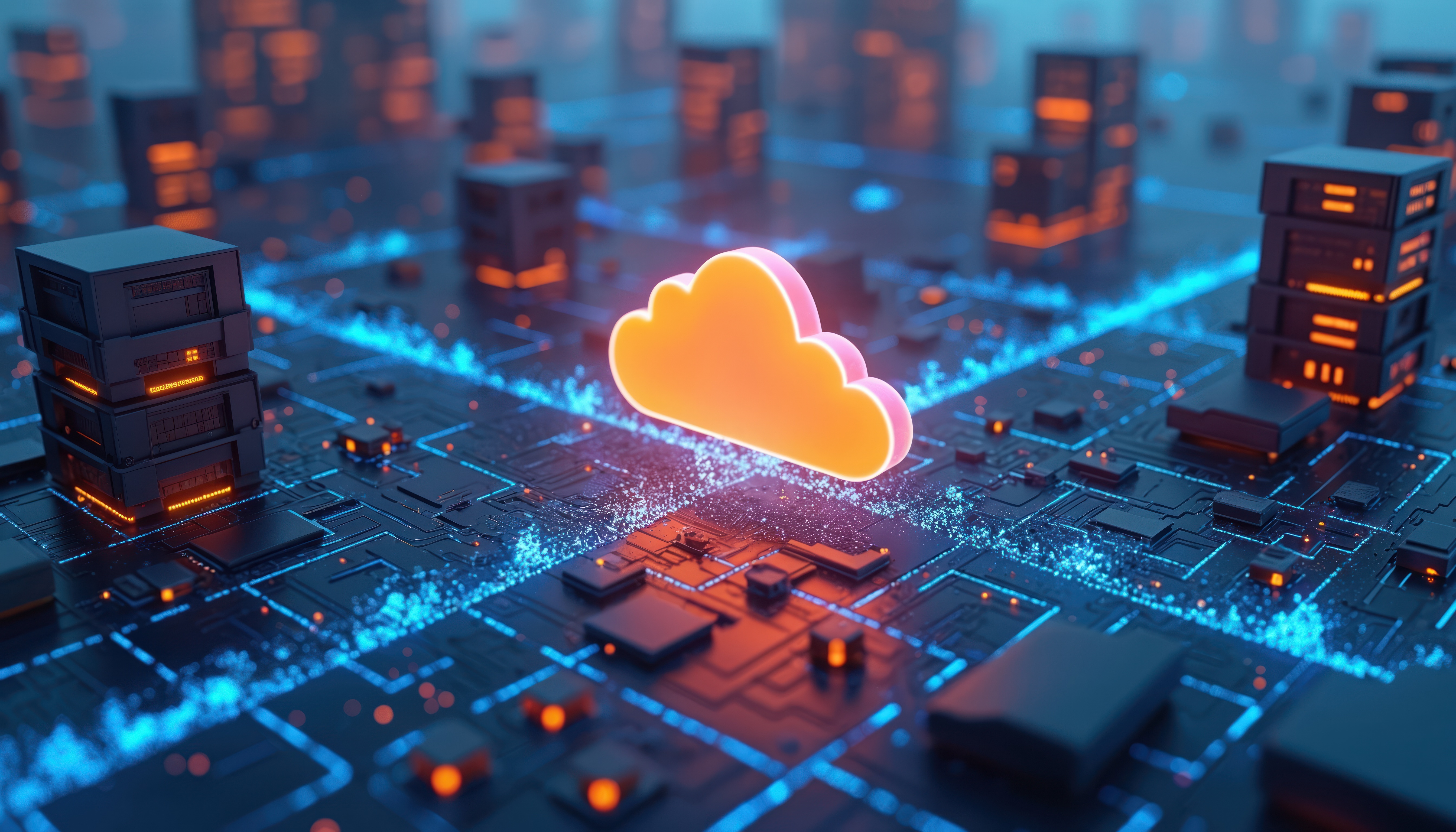 Ilustração 3D de computação em nuvem mostrando um ícone de nuvem iluminado no centro de uma placa de circuito eletrônico, conectado a servidores e data centers ao redor. A imagem representa infraestrutura de cloud computing, armazenamento em nuvem, processamento de dados, conectividade de alta performance e soluções de nuvem corporativa para empresas.
