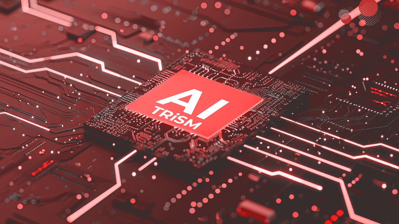 A imagem destaca um microchip de inteligência artificial chamado "AI TRiSM", posicionado centralmente sobre um circuito impresso em tons de vermelho e preto. O chip é destacado por sua cor vermelha vibrante, com o texto "AI" em branco proeminente, simbolizando tecnologia avançada e inovação no campo da inteligência artificial.
