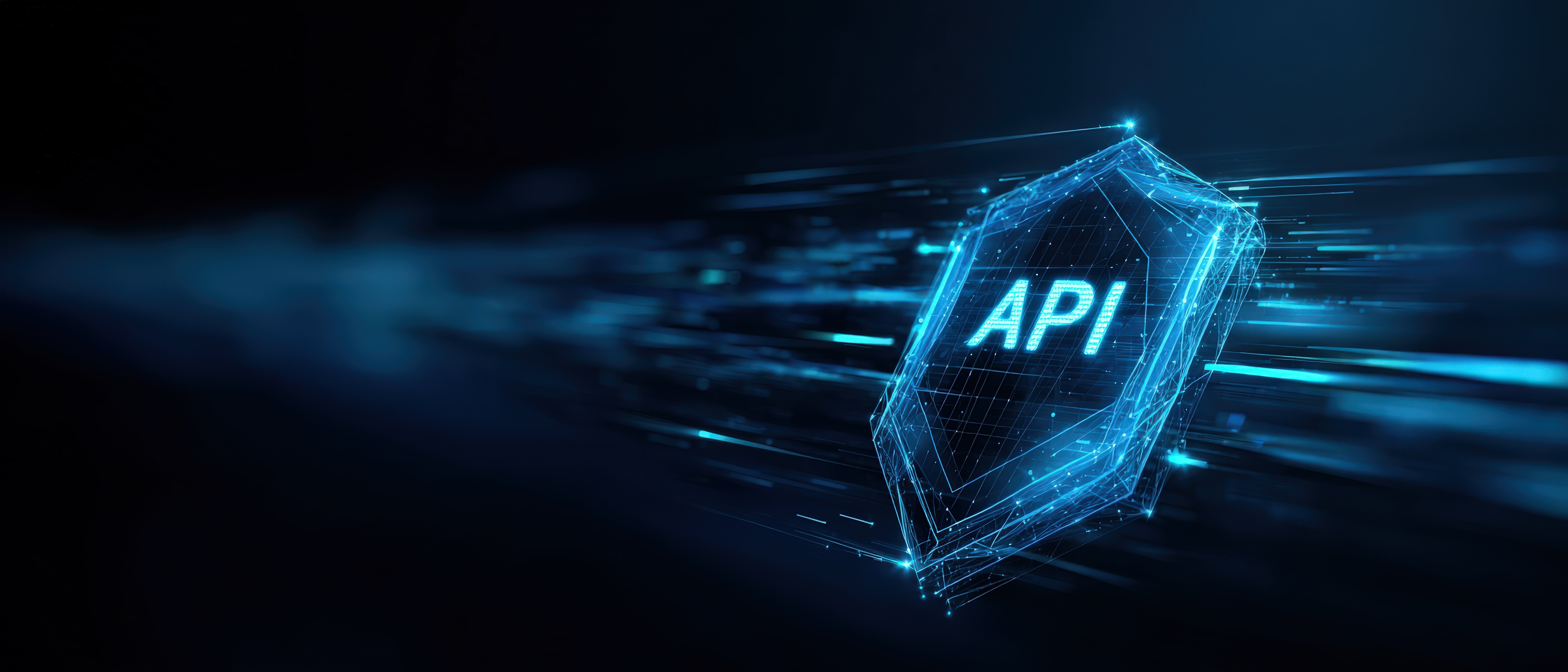 A imagem apresenta uma representação digital e futurista de segurança em APIs (Application Programming Interfaces). No centro-direita da composição, há um escudo holográfico azul brilhante formado por linhas, pontos e polígonos que lembram uma estrutura de rede ou wireframe. Dentro do escudo, aparece a sigla “API” em destaque, iluminada em azul neon. Ao redor do escudo, diversos feixes de luz e rastros digitais atravessam a cena horizontalmente, criando uma sensação de velocidade, fluxo de dados e conectividade. O fundo é predominantemente escuro, em tons de azul e preto, reforçando o aspecto tecnológico e de alta segurança. Elementos visuais principais Escudo digital simbolizando proteção e cibersegurança. Texto “API” em destaque, representando interfaces de integração entre sistemas. Linhas luminosas e partículas sugerindo tráfego de dados em alta velocidade. Estrutura geométrica futurista associada a redes, computação em nuvem e infraestrutura digital. Paleta de cores em azul neon sobre fundo escuro, típica de temas de tecnologia e segurança da informação.