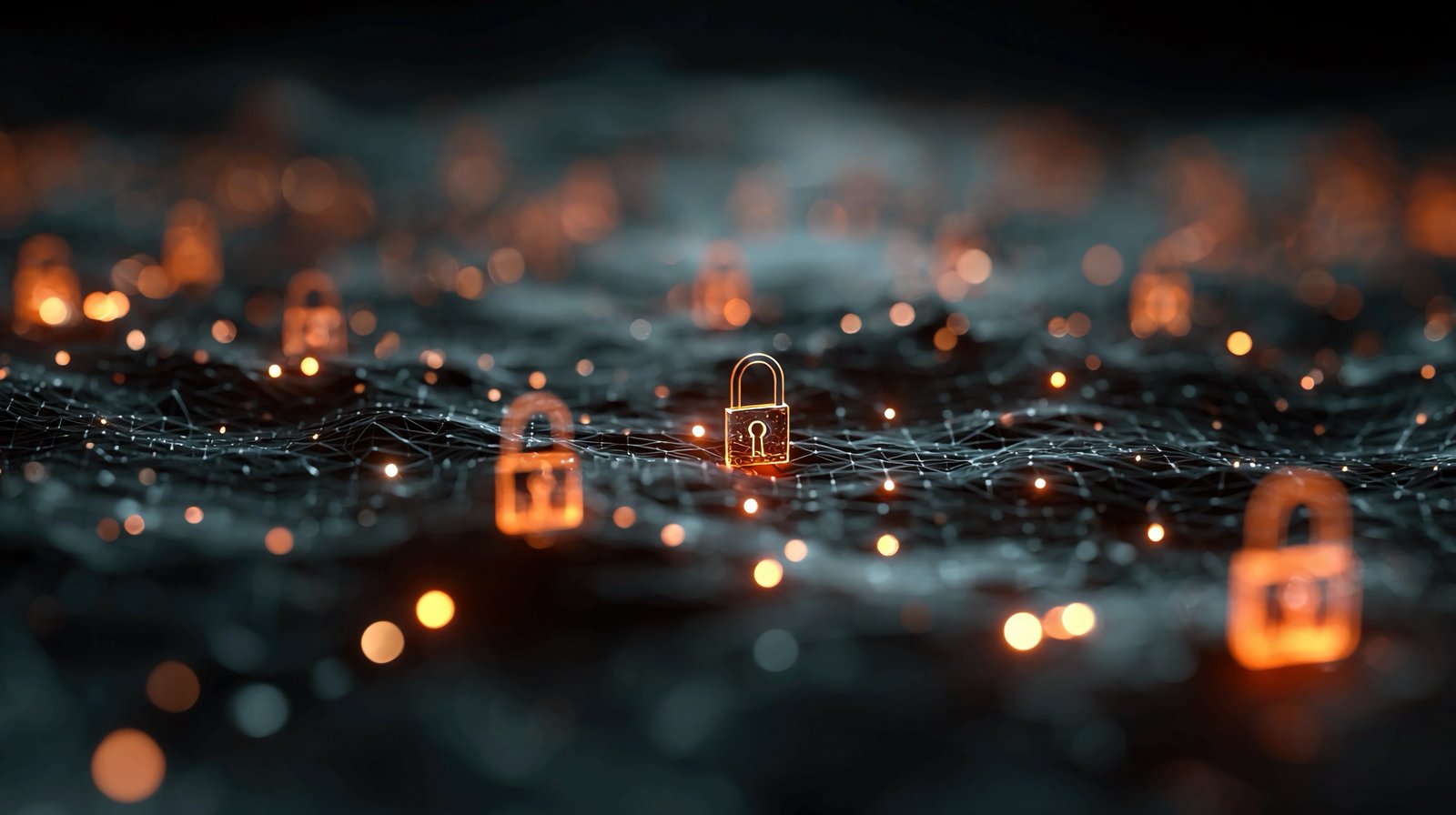 A imagem apresenta uma representação conceitual de segurança cibernética e proteção de dados, composta por diversos cadeados digitais iluminados distribuídos sobre uma malha de conexões que simboliza uma rede de informações. O cadeado em primeiro plano está em destaque, enquanto os demais aparecem desfocados ao fundo, criando profundidade e reforçando a ideia de proteção distribuída em toda a infraestrutura. Pequenos pontos luminosos em tons de laranja representam o fluxo de dados e a comunicação entre os diferentes nós da rede, contrastando com o fundo escuro e conferindo uma estética moderna e tecnológica. A composição remete a conceitos como criptografia, segurança da informação, proteção de dados, autenticação, controle de acesso, privacidade, conformidade regulatória e defesa contra ameaças cibernéticas. Também transmite a ideia de uma infraestrutura digital resiliente, onde a segurança está presente em todas as camadas da rede. A imagem é ideal para ilustrar conteúdos sobre cibersegurança, LGPD, Zero Trust, gestão de identidades e acessos (IAM), proteção de ambientes em nuvem, segurança de redes, data centers, cloud computing e continuidade dos negócios.