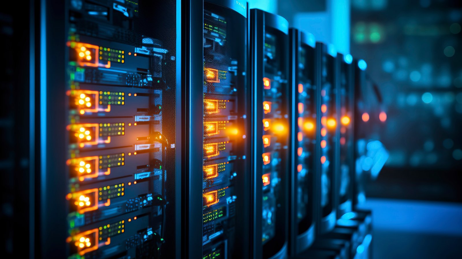 Fileira de racks de servidores em um data center moderno. O rack frontal aparece em foco nítido, com portas de metal escuro e malha fina, enquanto LEDs âmbar/laranja brilham em meio à iluminação ambiente azul cobalto intensa. Os racks seguintes se dissolvem em um desfoque gradativo (bokeh) azul, criando profundidade e uma atmosfera tecnológica, clínica e sofisticada. Não há pessoas visíveis.