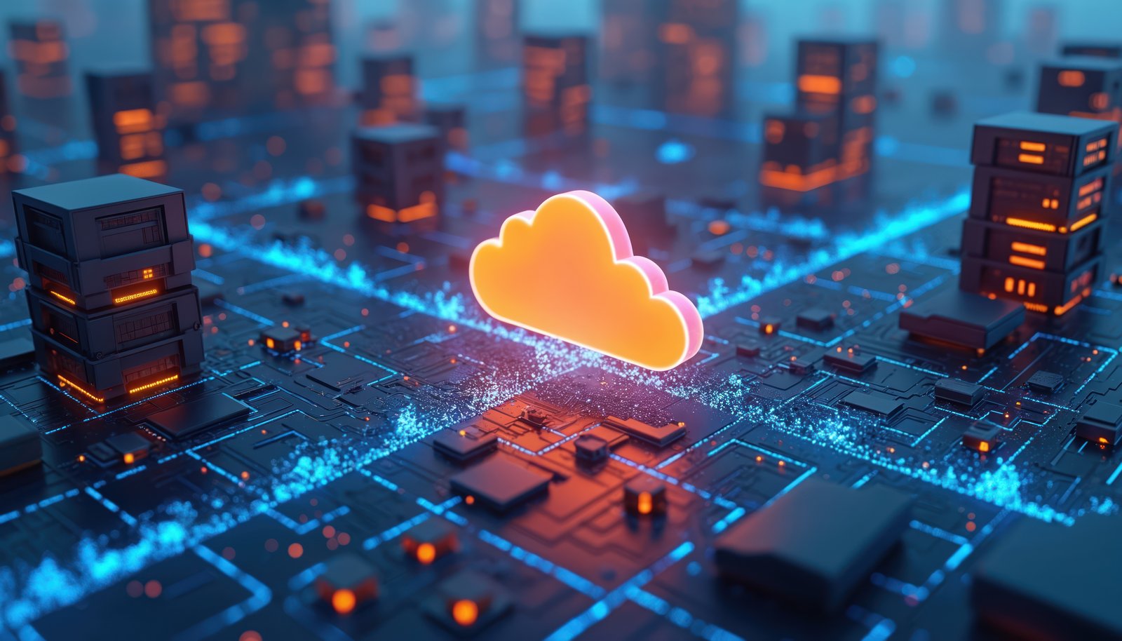 Ilustração 3D de computação em nuvem mostrando um ícone de nuvem iluminado no centro de uma placa de circuito eletrônico, conectado a servidores e data centers ao redor. A imagem representa infraestrutura de cloud computing, armazenamento em nuvem, processamento de dados, conectividade de alta performance e soluções de nuvem corporativa para empresas.
