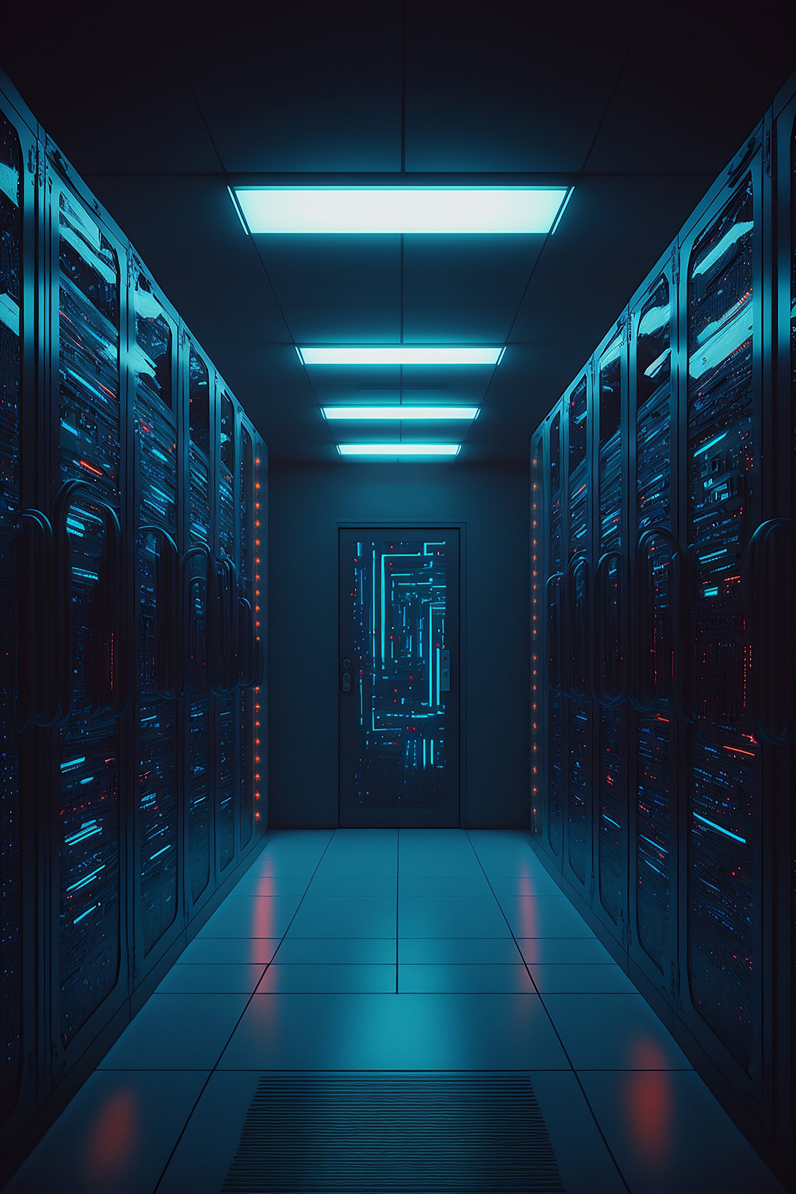 Racks de servidores em data center com iluminação azul e gráficos de serveless no cenário ao fundo.