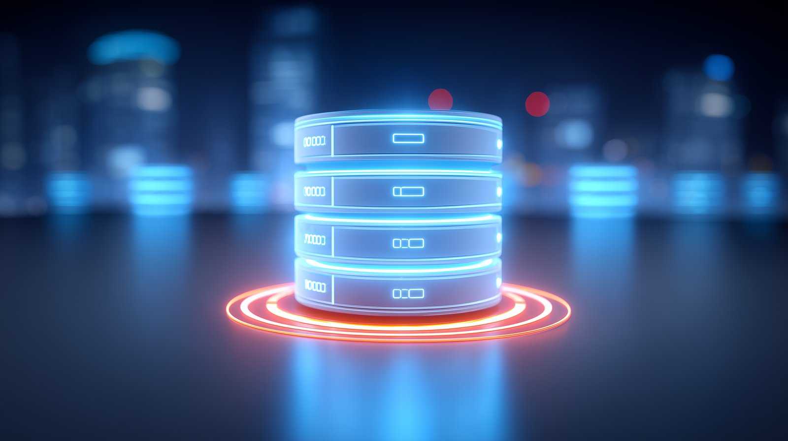 Ilustração minimalista de um servidor ou banco de dados digital em formato cilíndrico, iluminado por luzes neon azuis e vermelhas, sobre fundo desfocado de cidade noturna, representando armazenamento de dados e infraestrutura em nuvem.