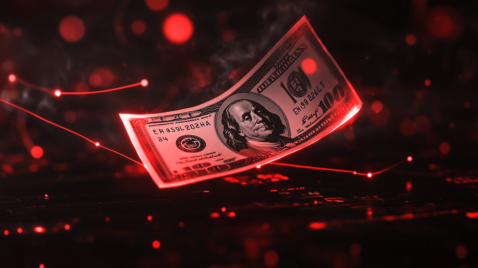 Imagem de uma nota de cem dólares em destaque, iluminada por um brilho vermelho digital, simbolizando a alta do dólar e seu impacto nos custos da nuvem. A imagem remete à necessidade de repatriação de dados para minimizar gastos com soluções internacionais.