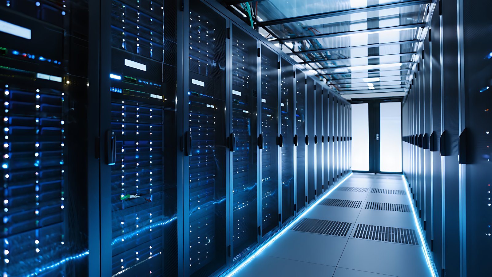 Corredor de um data center moderno com racks de servidores em ambos os lados, iluminação azul e infraestrutura de alta disponibilidade para armazenamento e processamento de dados.
