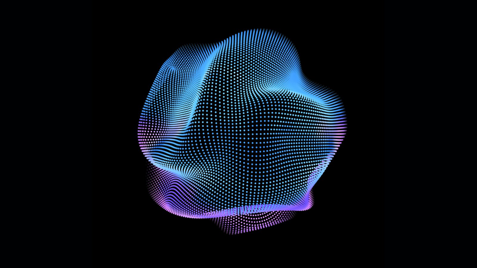 A imagem mostra uma forma tridimensional abstrata composta por centenas de pequenos pontos luminosos que criam um efeito de malha digital fluida. Esses pontos variam em tonalidades de azul, roxo e rosa, formando curvas suaves e ondulações que lembram um tecido em movimento ou uma nuvem de dados. O fundo preto profundo destaca as cores vibrantes e dá à composição um aspecto futurista e tecnológico. O visual remete a conceitos como inteligência artificial, processamento de dados, nuvem computacional e transformação digital, transmitindo modernidade, dinamismo e fluidez tecnológica.