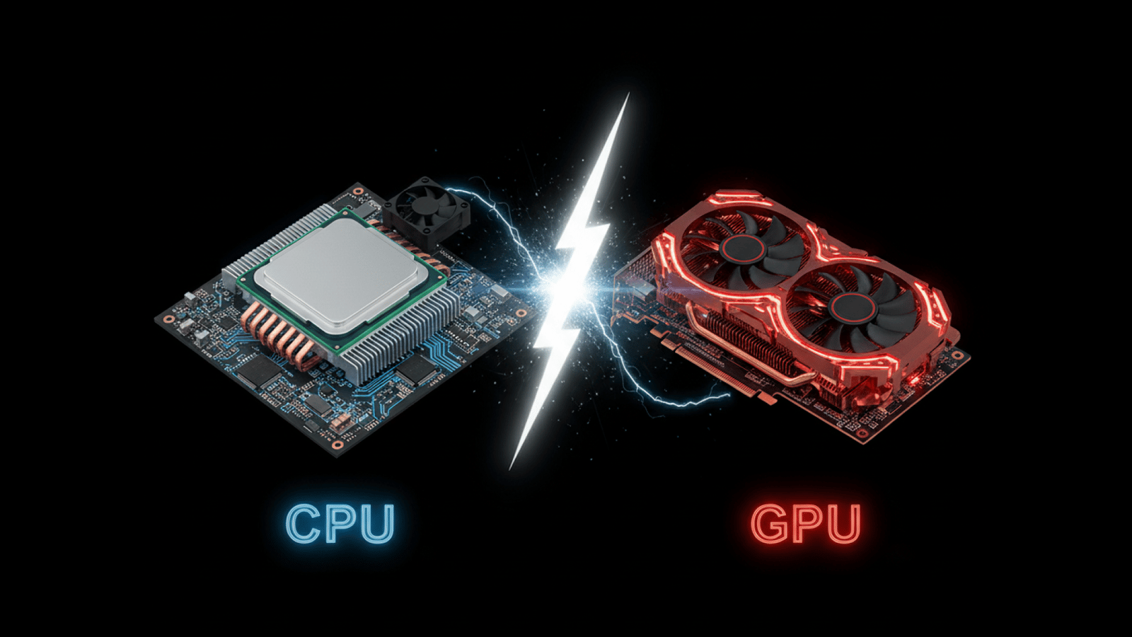 A imagem mostra uma representação visual de um confronto entre CPU (à esquerda) e GPU (à direita). No lado esquerdo, a CPU aparece em tons de azul, montada sobre uma placa-mãe com dissipador de calor e ventilador, simbolizando o processamento central tradicional de um computador. No lado direito, a GPU é exibida em tons de vermelho, com duas ventoinhas iluminadas, representando o poder de processamento gráfico e paralelo. Entre as duas, há um raio de energia branca, sugerindo uma disputa de performance ou comparação direta entre as tecnologias. O fundo é preto, destacando o contraste entre o azul frio da CPU e o vermelho intenso da GPU, reforçando a ideia de dualidade e potência computacional.