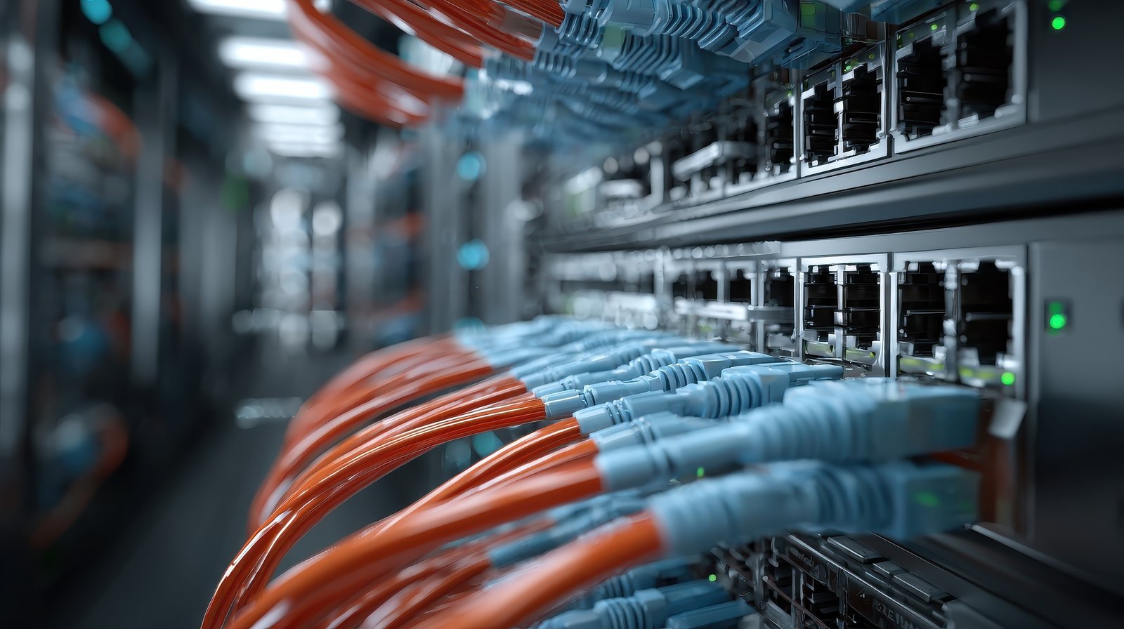 A imagem mostra uma fileira de racks de servidores com diversos cabos de rede conectados. Os cabos, em tons de azul e laranja, estão plugados em portas Ethernet, indicando uma infraestrutura de rede ativa e bem organizada. Pequenas luzes verdes nos equipamentos sugerem funcionamento e transmissão de dados. O ambiente tem aparência moderna, limpa e tecnológica, representando um data center ou ambiente de TI de alta performance, voltado para conectividade e processamento de informações.
