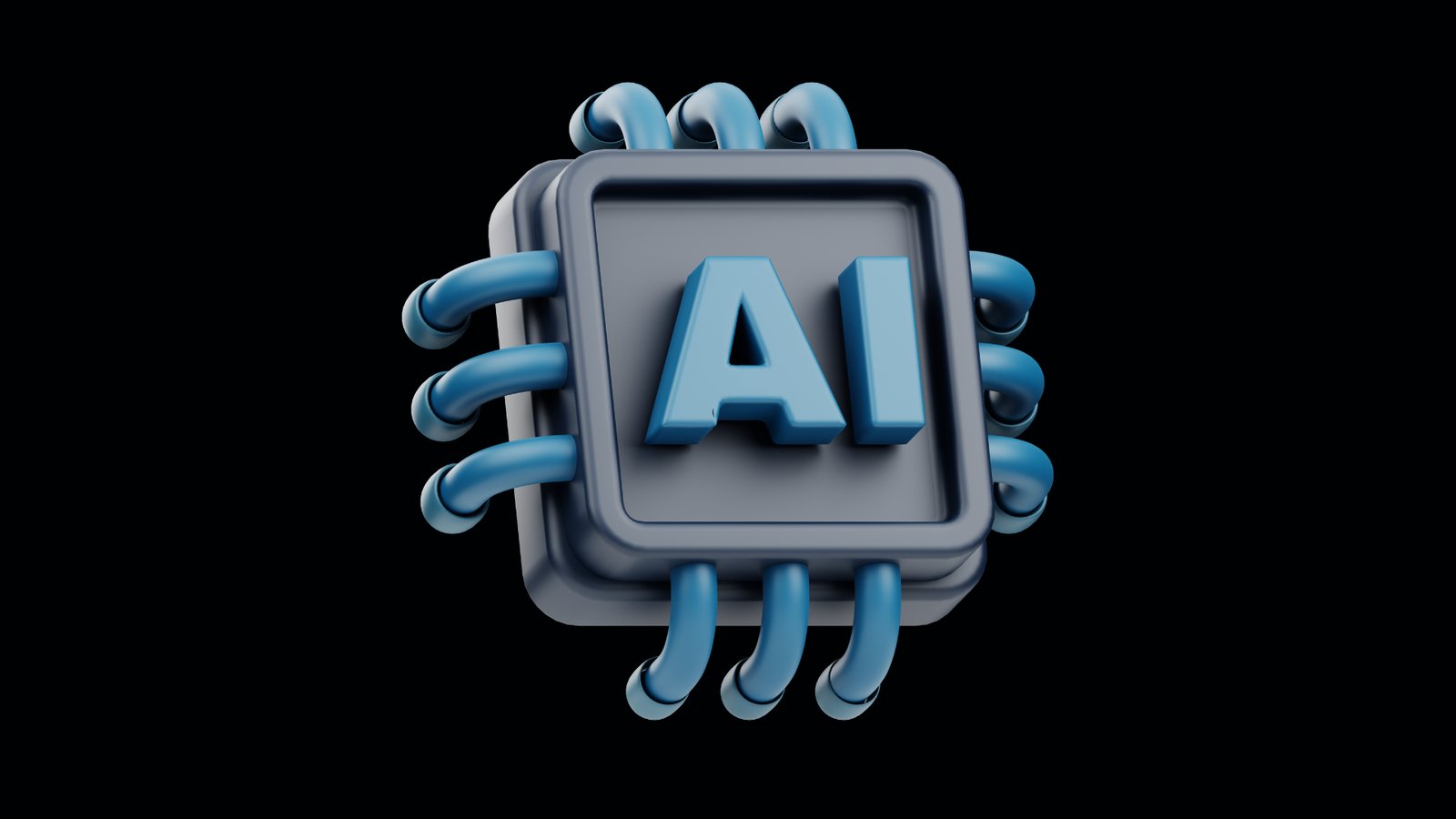 A imagem mostra uma ilustração 3D de um chip eletrônico estilizado, representando tecnologia de inteligência artificial (IA). No centro do chip, há as letras “AI” em destaque, em um tom de azul-claro com efeito tridimensional. O corpo do chip é cinza-escuro e possui oito conexões curvas (quatro de cada lado) em azul, que lembram fios ou circuitos eletrônicos. O fundo é totalmente preto, o que realça o brilho e o contraste do chip, dando um visual moderno, tecnológico e futurista.