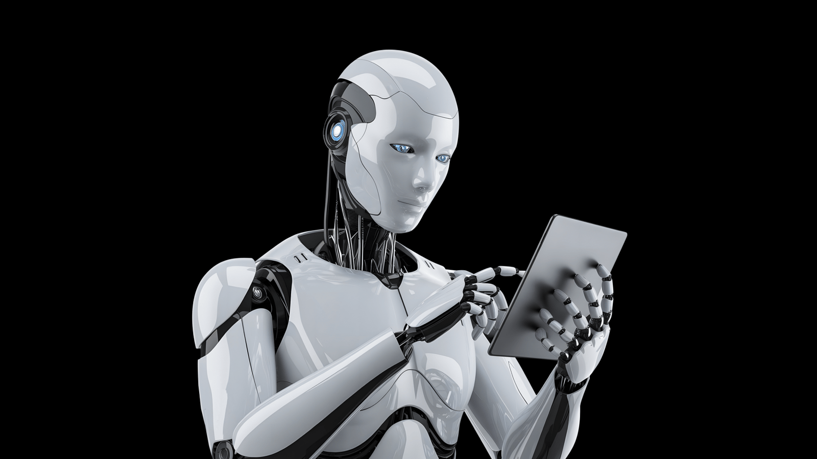 Robô humanoide segurando um tablet em um fundo escuro, simbolizando o avanço da inteligência artificial e a evolução da infraestrutura de TI em 2026.