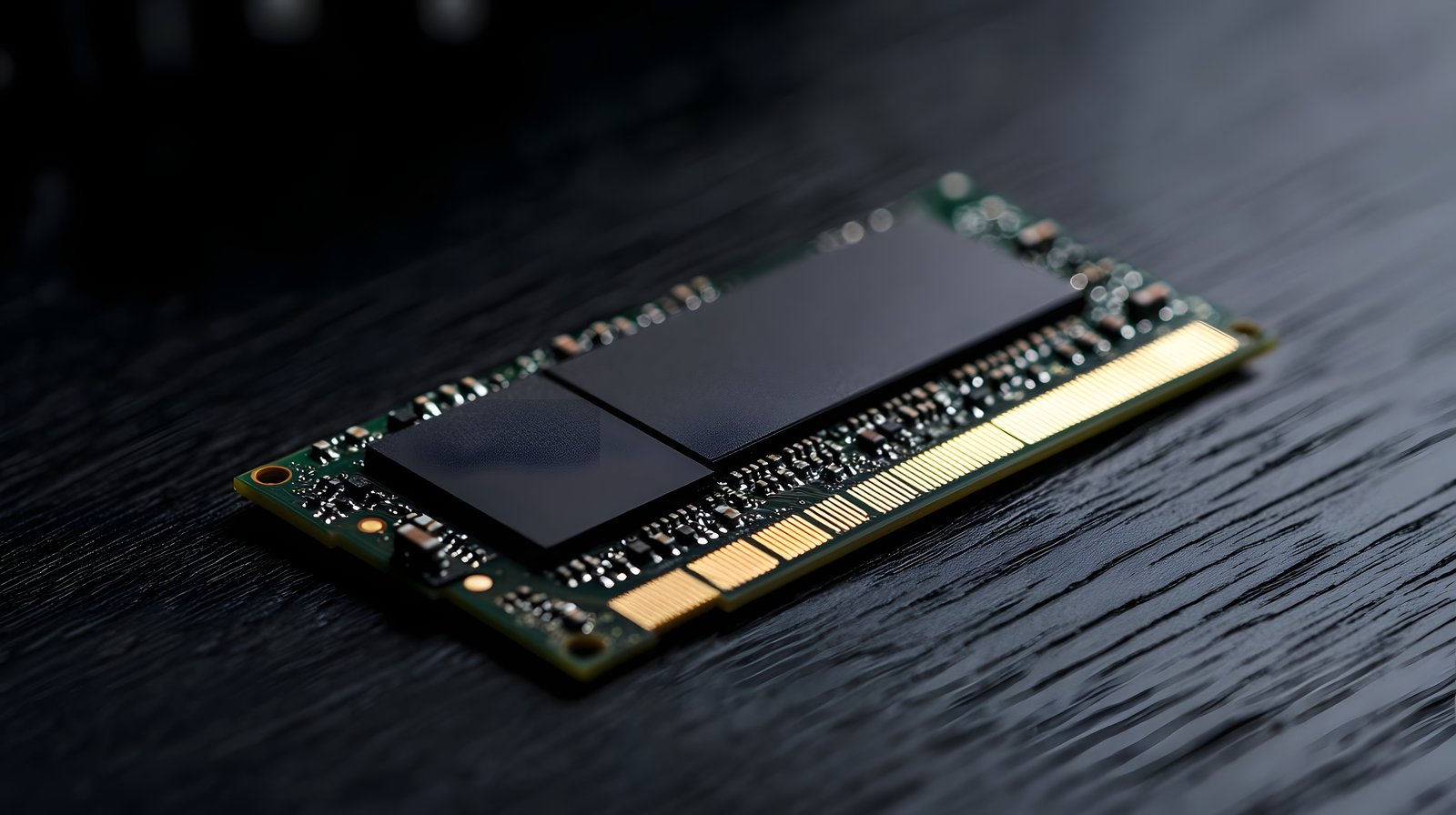 Módulo de SSD NVMe em close sobre superfície preta, mostrando os conectores dourados e componentes eletrônicos do circuito.