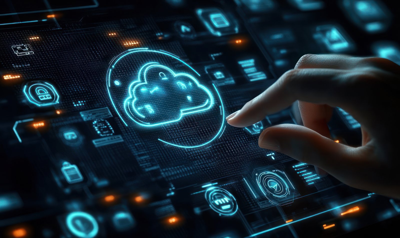A imagem mostra um ambiente digital futurista com destaque para o conceito de computação em nuvem. No centro, há um ícone luminoso de nuvem com um cadeado, simbolizando armazenamento e segurança de dados na nuvem. A interface é composta por diversos elementos holográficos e ícones tecnológicos em tons de azul e laranja, que representam conexões, sistemas e dados em rede. Uma mão humana se aproxima da tela, como se estivesse interagindo diretamente com o painel digital, reforçando a ideia de controle e gestão de infraestrutura em ambientes virtuais. A cena transmite modernidade, tecnologia avançada e segurança digital.
