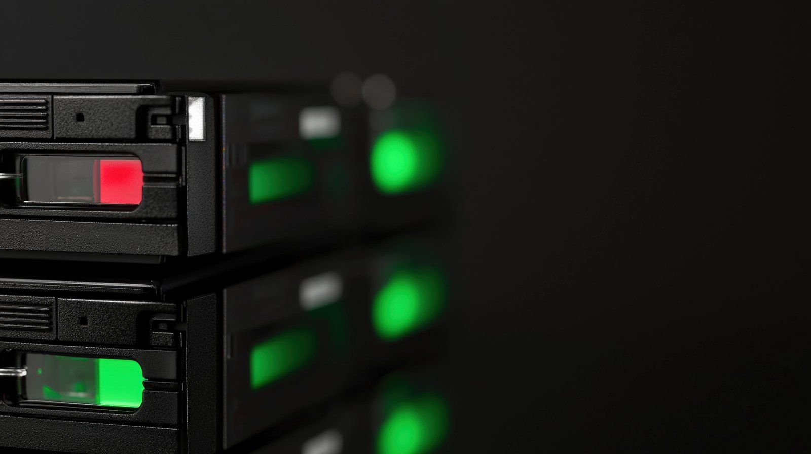 Close-up de servidores com indicadores luminosos verdes e um alerta vermelho, simbolizando o monitoramento ativo de desempenho e falhas em infraestrutura de TI. Ideal para conteúdos sobre servidor dedicado, VPS e migração de ambiente.