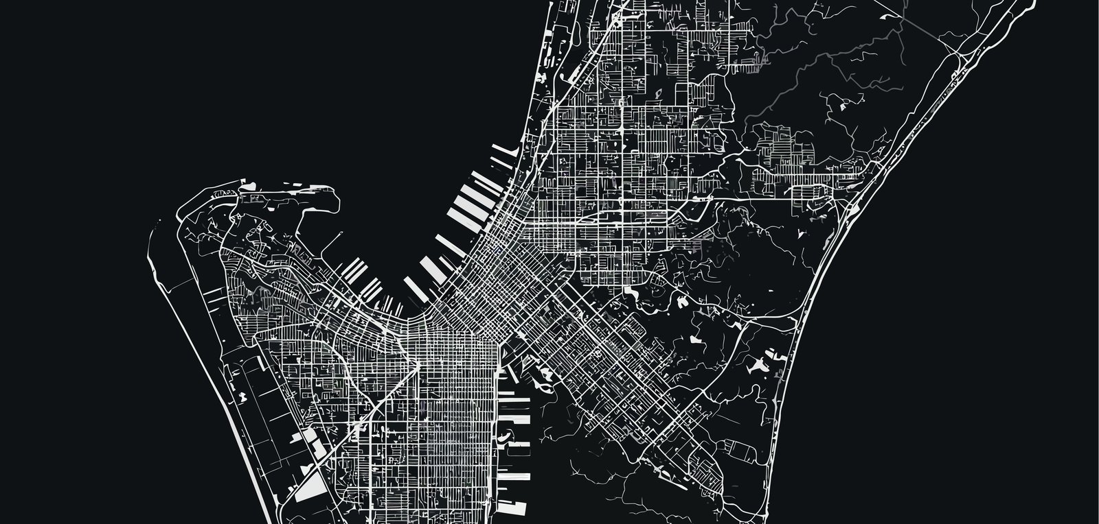 A imagem mostra um mapa estilizado da região de Miami, com ruas e zonas costeiras delineadas em branco sobre fundo escuro. O desenho destaca a malha urbana densa e a área portuária, reforçando a ideia de conectividade — um cenário onde a presença de um data center em Miami se torna estratégica para operações internacionais que dependem de baixa latência e rotas estáveis entre Brasil e EUA.