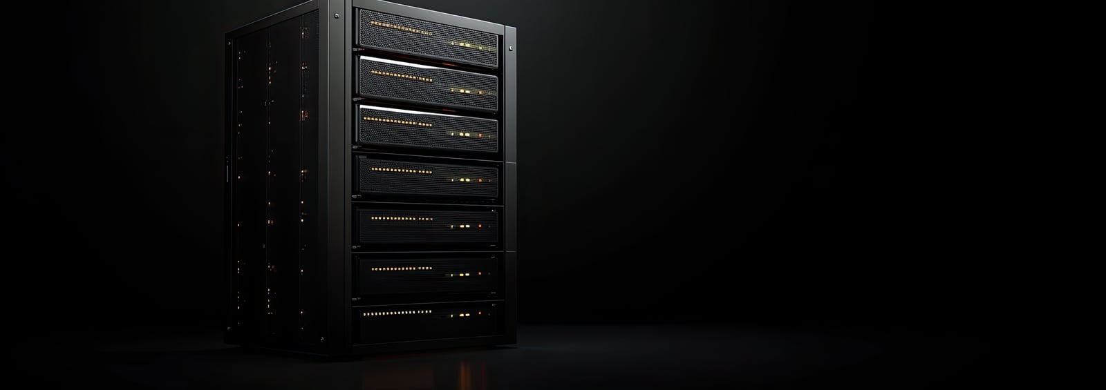 A imagem mostra um rack de servidores preto, isolado em um fundo escuro, com painéis iluminados por pequenos LEDs amarelos e laranjas. A composição transmite potência e estabilidade — o tipo de ambiente projetado para escalar servidores com segurança, mantendo performance mesmo sob cargas crescentes.