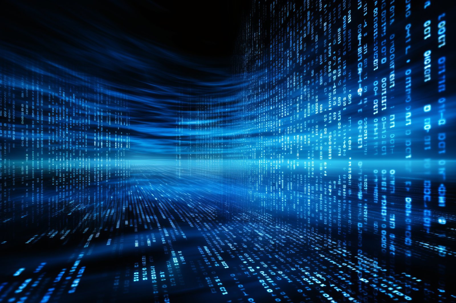 A imagem mostra uma cena futurista e abstrata, como se fosse um corredor digital formado por fluxos de dados. Tons intensos de azul dominam toda a composição, criando um ambiente tecnológico e imersivo. Linhas de código e sequências numéricas brilham verticalmente e horizontalmente, lembrando painéis de dados ou paredes feitas de informação em movimento. Esses códigos parecem se estender ao infinito, gerando profundidade e a sensação de velocidade — como se estivéssemos viajando através de um túnel digital ou dentro de uma rede de alta performance. O efeito de luzes e rastros cria dinamismo, sugerindo tráfego de dados, conectividade, cloud computing ou transformação digital. A estética é moderna, limpa, altamente tecnológica e com forte atmosfera de ciberespaço.