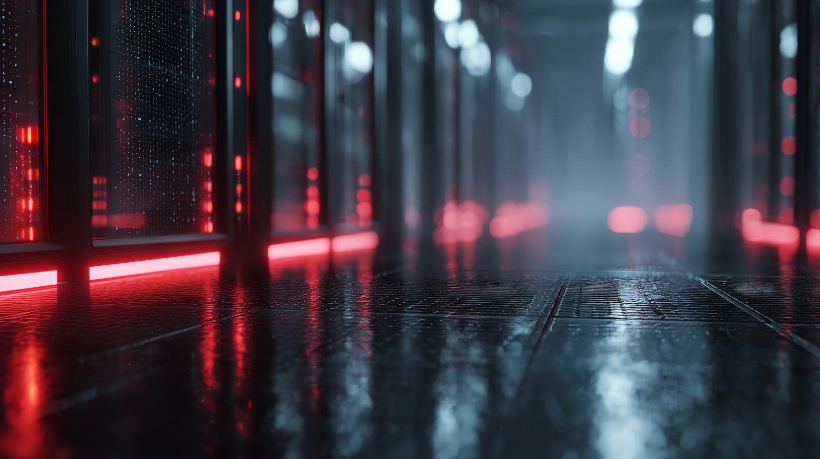 Corredor de data center com iluminação vermelha refletindo no piso úmido, destacando racks em operação contínua — uma cena que transmite resiliência, alta disponibilidade e ambientes projetados para manter o RTO no mínimo possível.