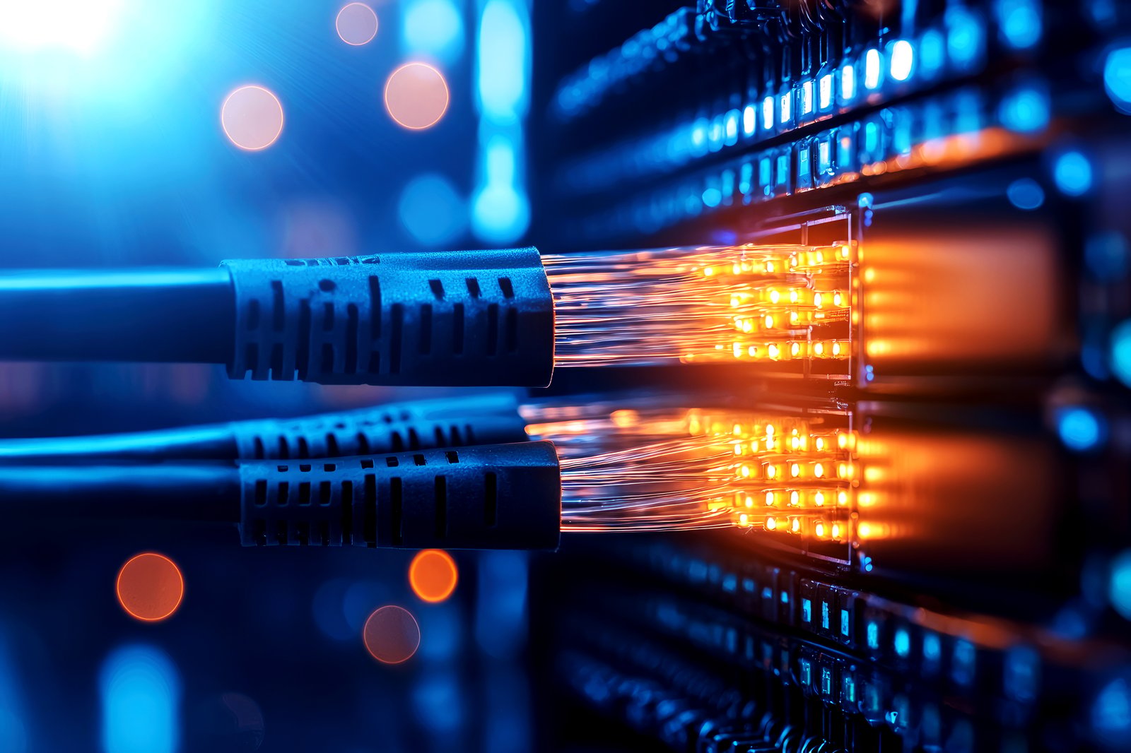 O ChatGPT disse: A imagem mostra um close-up de cabos de fibra óptica conectados a um equipamento de rede, provavelmente um switch ou roteador de alto desempenho dentro de um data center. Os cabos estão iluminados por tons intensos de azul e laranja, criando um contraste que destaca os feixes de luz que percorrem as fibras. As luzes alaranjadas dentro dos conectores sugerem transmissão ativa de dados em alta velocidade, enquanto o ambiente ao fundo, desfocado, reforça a sensação de tecnologia avançada e infraestrutura crítica. O cenário transmite modernidade, desempenho e conectividade, remetendo diretamente a operações de TI, redes de alta capacidade e ambientes de cloud ou telecomunicações.