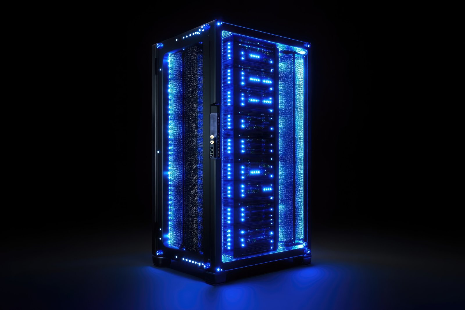 Rack de servidores moderno com iluminação azul em um ambiente de colocation, destacando infraestrutura avançada de data center e equipamentos de alto desempenho.