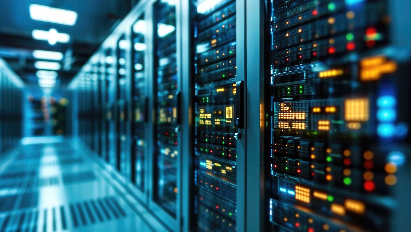 Data center com iluminação azul e amarela.
