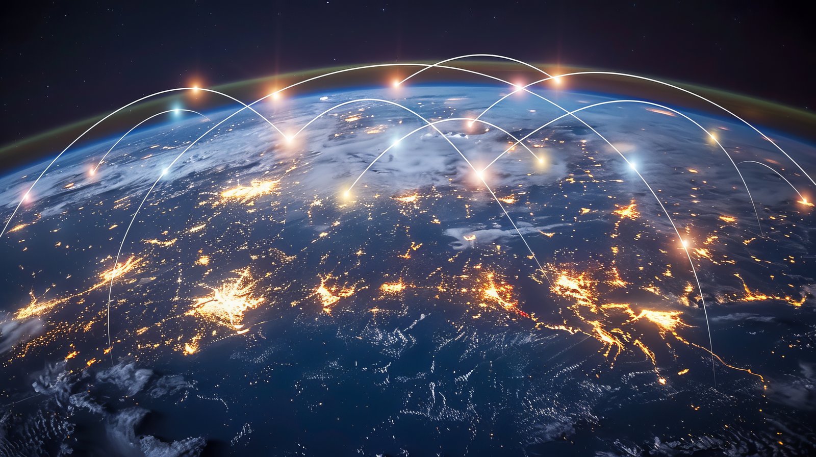 A imagem mostra o planeta Terra visto do espaço, parcialmente iluminado, com o lado noturno revelando diversas cidades brilhando em tons dourados e alaranjados. Sobre a superfície do globo, há várias linhas curvas luminosas conectando diferentes pontos do planeta, formando uma espécie de rede global. Essas linhas parecem representar conexões digitais ou fluxos de dados, sugerindo comunicação, internet, tecnologia ou infraestrutura de rede em escala mundial. O fundo é escuro, com o espaço e algumas estrelas visíveis, reforçando a perspectiva orbital. No geral, a cena transmite a ideia de conectividade global, troca de informações em tempo real e integração tecnológica entre continentes.