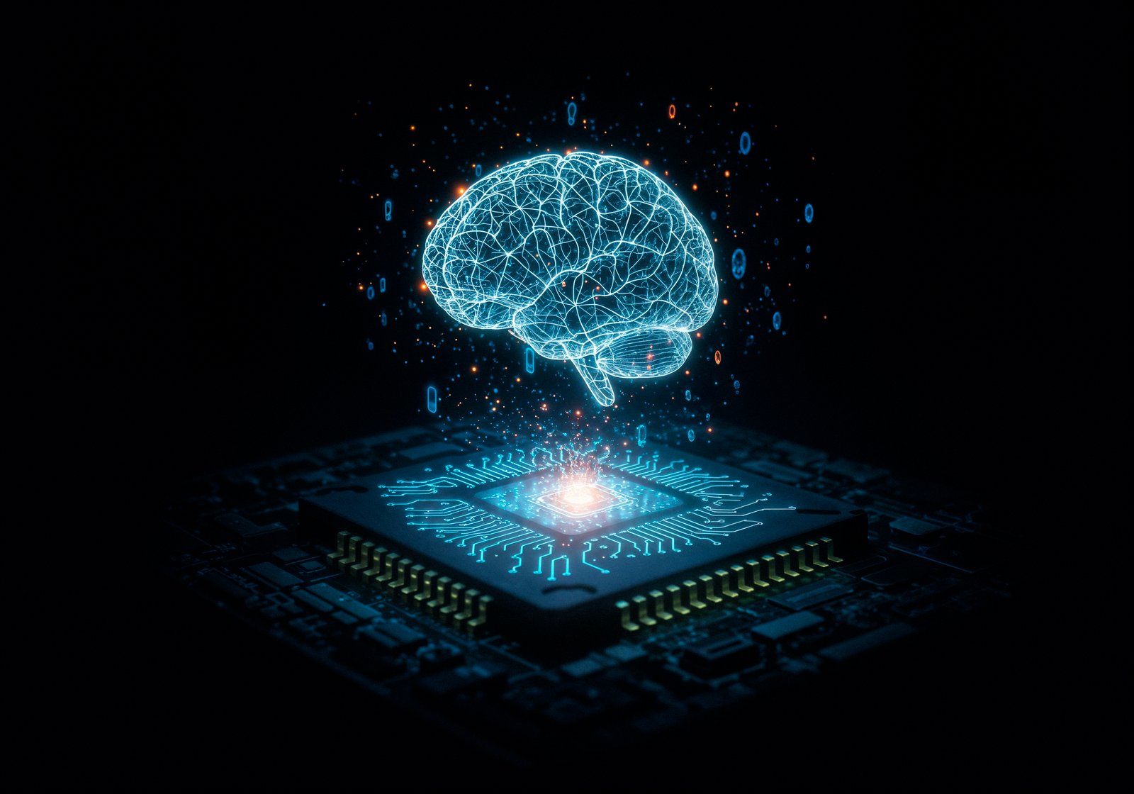 A imagem apresenta uma ilustração tecnológica com fundo escuro, destacando um **cérebro digital holográfico** flutuando acima de um **chip de computador**. O cérebro é representado por linhas luminosas azuladas, formando uma rede de conexões que lembram neurônios e sinapses, como se fosse um modelo 3D de atividade neural. Pequenos pontos de luz e partículas ao redor reforçam a ideia de processamento de dados ou sinais elétricos circulando. Logo abaixo, há um microchip ou processador central sobre uma placa eletrônica. Do centro do chip sai um brilho intenso, sugerindo energia ou processamento ativo, com trilhas de circuito iluminadas que se espalham para os lados, conectando o hardware ao “cérebro” virtual acima. O conjunto transmite a ideia de: * inteligência artificial * computação avançada * redes neurais * integração entre cérebro humano e tecnologia * processamento de dados em alta performance Visualmente, a cena comunica a fusão entre mente e máquina, simbolizando IA, machine learning ou computação cognitiva.