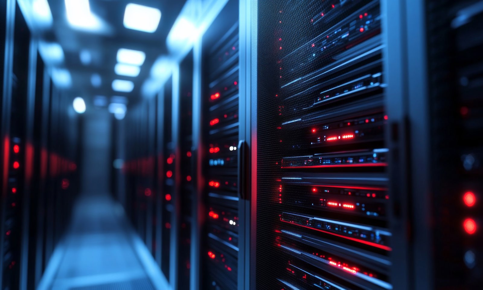 Corredor de um data center com racks de servidores em operação, destacando uma infraestrutura de TI moderna voltada para cloud computing, armazenamento de dados e processamento de alto desempenho. A imagem representa ambientes de servidores dedicados, private cloud, colocation e infraestrutura para inteligência artificial (IA), evidenciando alta disponibilidade, segurança, escalabilidade e confiabilidade para aplicações corporativas e workloads críticos.