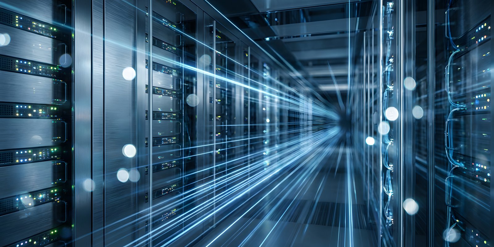 Corredor de data center com racks de servidores alinhados em ambos os lados, luzes de LED indicando atividade e efeitos visuais de feixes azuis sugerindo alta velocidade de processamento e transmissão de dados.