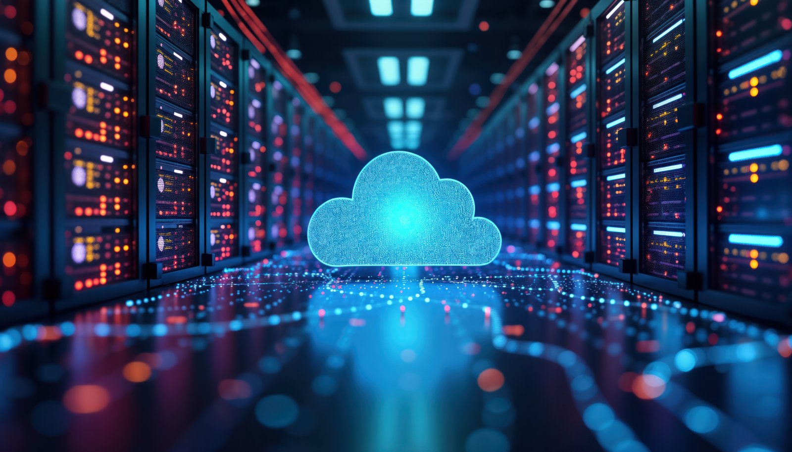 Imagem de um data center com racks de servidores e interface digital exibindo um ícone de nuvem em destaque, representando computação em nuvem, armazenamento de dados e infraestrutura de cloud computing. A ilustração simboliza servidores dedicados, nuvem privada, backup em nuvem, virtualização, monitoramento de sistemas e soluções de TI para empresas.
