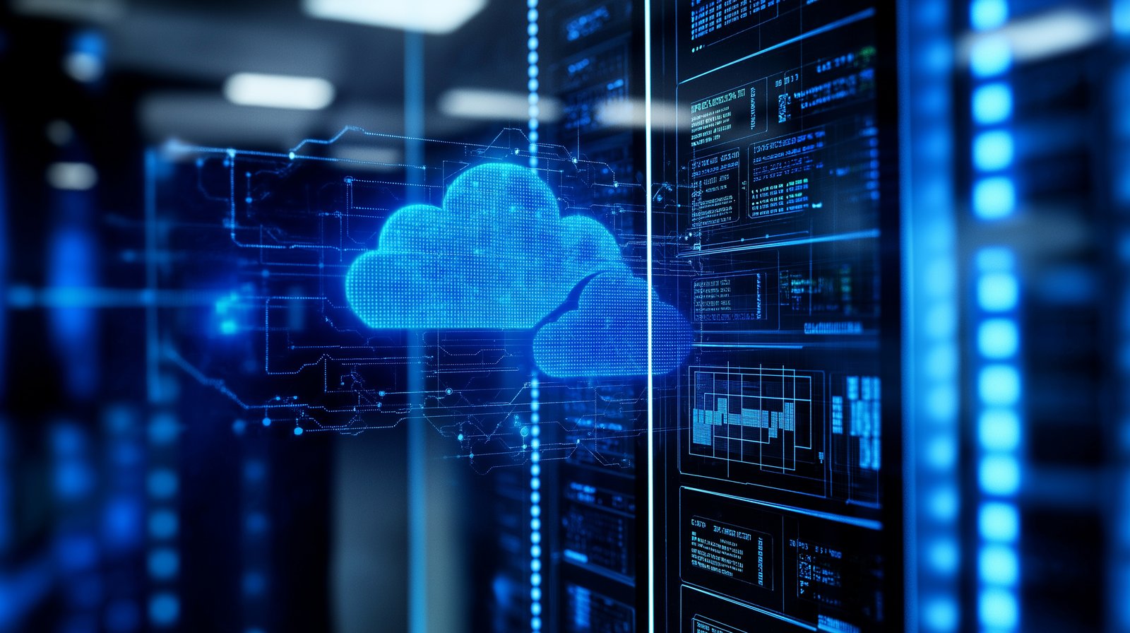 Imagem de um data center com racks de servidores e interface digital exibindo um ícone de nuvem em destaque, representando computação em nuvem, armazenamento de dados e infraestrutura de cloud computing. A ilustração simboliza servidores dedicados, nuvem privada, backup em nuvem, virtualização, monitoramento de sistemas e soluções de TI para empresas.