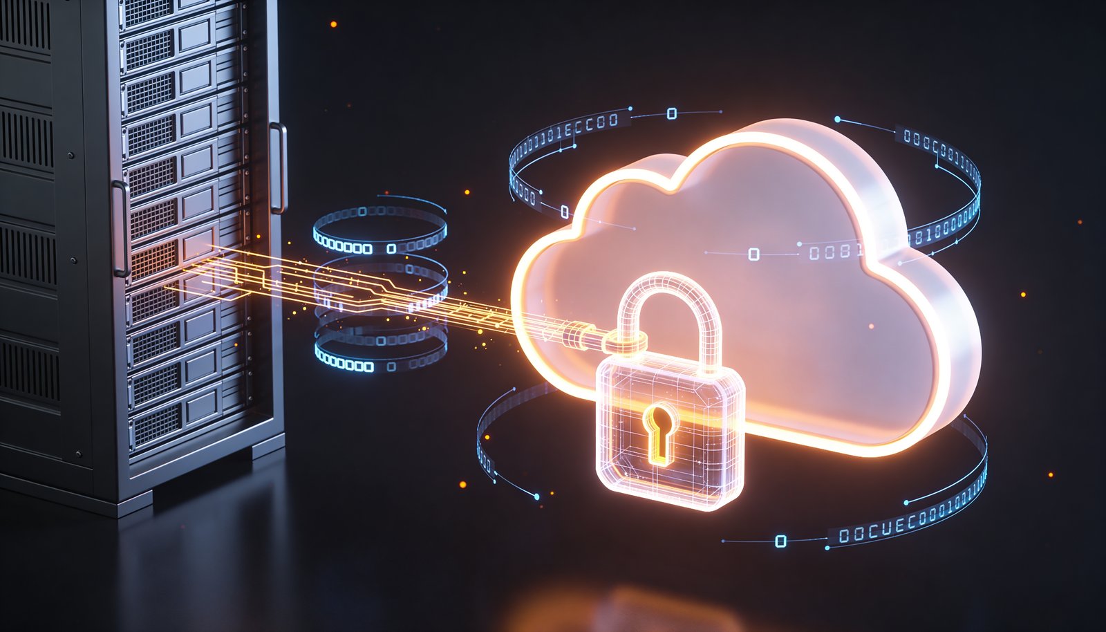 A imagem representa um cenário de armazenamento seguro em nuvem, combinando elementos de infraestrutura física e cloud computing em uma composição tecnológica moderna. À esquerda, há um rack de servidores com múltiplos equipamentos empilhados, simbolizando a infraestrutura de data center responsável pelo processamento e armazenamento dos dados. Do rack parte um feixe luminoso que se conecta a uma grande nuvem digital holográfica posicionada ao centro-direita da imagem. Na frente da nuvem, destaca-se um cadeado transparente iluminado, reforçando a ideia de proteção, privacidade e controle de acesso. Ao redor da nuvem, anéis com códigos binários e elementos gráficos digitais sugerem circulação de informações, conectividade e monitoramento contínuo dos dados. A combinação das cores azul e laranja cria um contraste visual que transmite simultaneamente tecnologia, inovação e segurança.