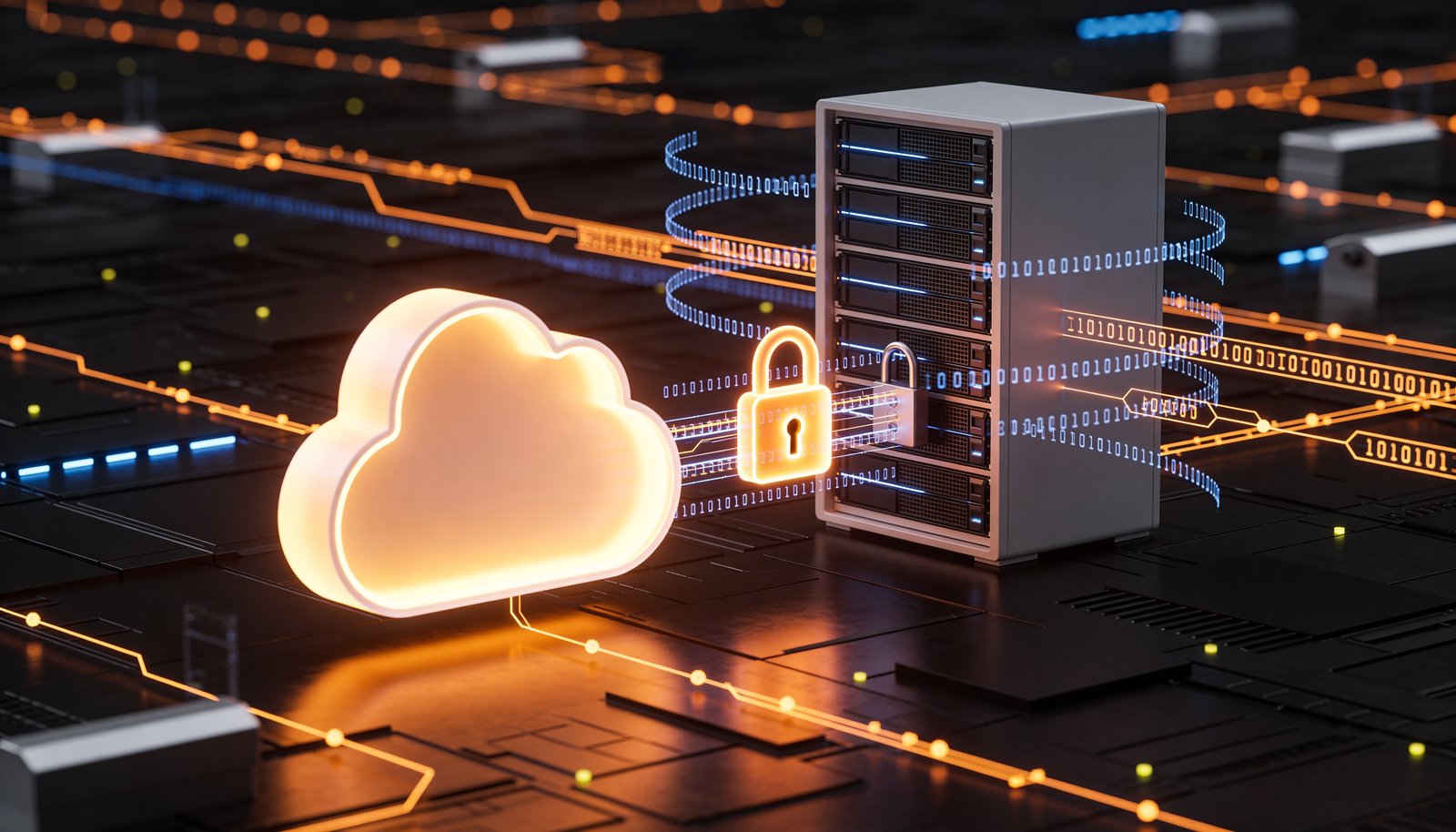 A imagem representa um cenário de armazenamento seguro em nuvem, combinando elementos de infraestrutura física e cloud computing em uma composição tecnológica moderna. À esquerda, há um rack de servidores com múltiplos equipamentos empilhados, simbolizando a infraestrutura de data center responsável pelo processamento e armazenamento dos dados. Do rack parte um feixe luminoso que se conecta a uma grande nuvem digital holográfica posicionada ao centro-direita da imagem. Na frente da nuvem, destaca-se um cadeado transparente iluminado, reforçando a ideia de proteção, privacidade e controle de acesso. Ao redor da nuvem, anéis com códigos binários e elementos gráficos digitais sugerem circulação de informações, conectividade e monitoramento contínuo dos dados. A combinação das cores azul e laranja cria um contraste visual que transmite simultaneamente tecnologia, inovação e segurança.