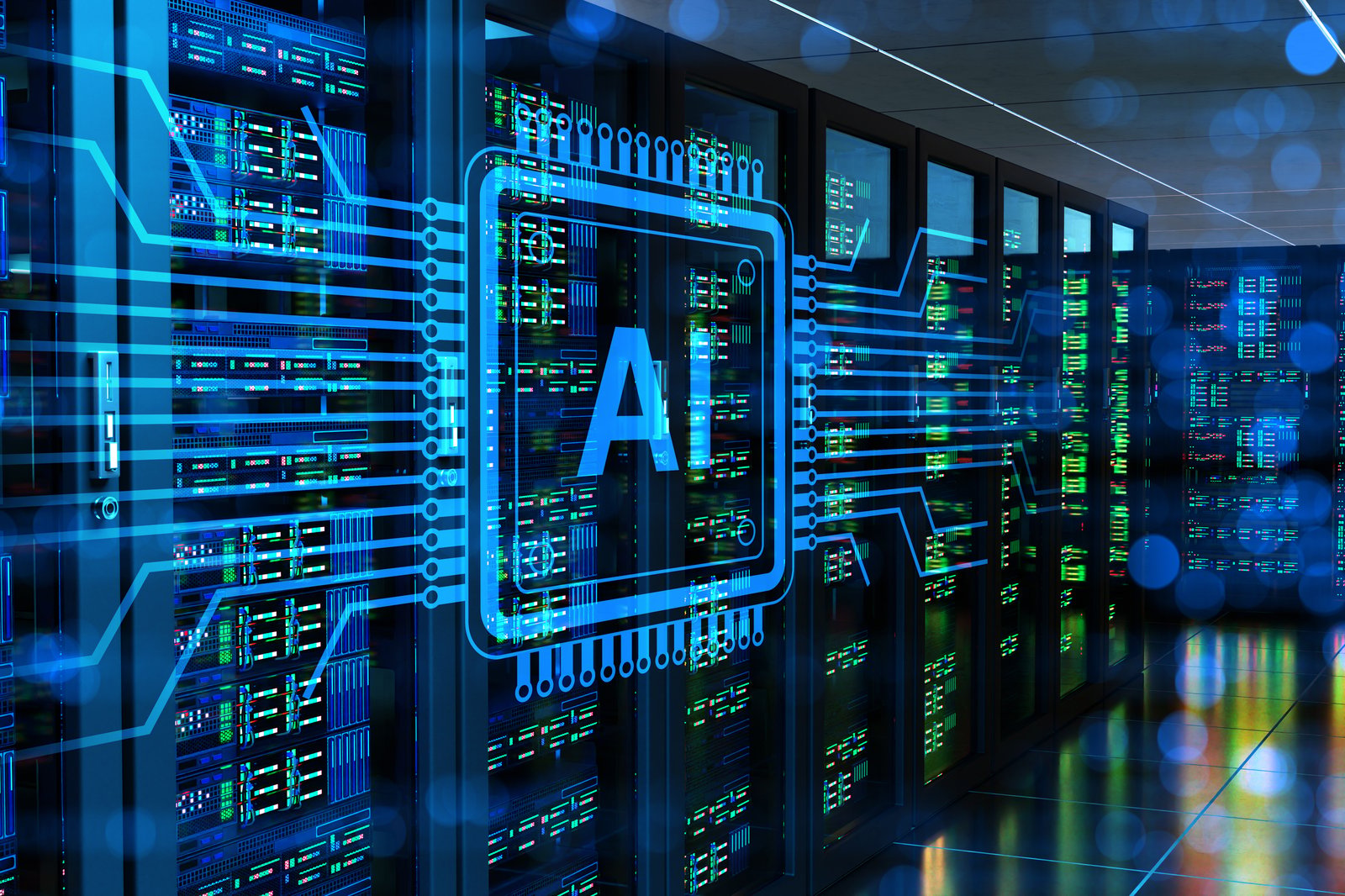 Interior de data center moderno com fileiras de servidores em racks, luzes LED de status em verde, vermelho e âmbar, piso refletivo, e sobreposição de gráfico de microprocessador com texto "AI" em azul neon, representando infraestrutura de computação em nuvem e inteligência artificial