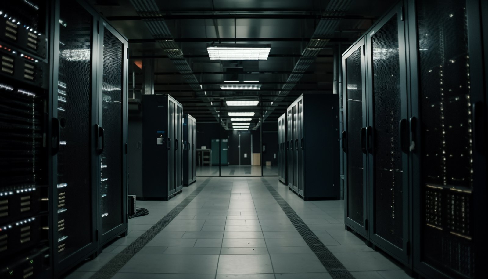 A imagem mostra o corredor central de um data center moderno, com fileiras de racks de servidores posicionadas simetricamente em ambos os lados. O ambiente é amplo, organizado e climatizado, com iluminação branca no teto refletindo suavemente no piso claro. As portas dos racks possuem painéis escuros e translúcidos, permitindo vislumbrar os equipamentos internos e pequenos pontos de luz indicativos de operação. A perspectiva profunda do corredor conduz o olhar até o fundo da sala, reforçando a sensação de escala, infraestrutura robusta e alta capacidade tecnológica. A composição transmite conceitos de infraestrutura crítica de TI, hospedagem de servidores, computação em nuvem, armazenamento de dados, alta disponibilidade, conectividade e operações corporativas. É uma imagem ideal para ilustrar conteúdos sobre data centers, cloud computing, servidores dedicados, colocation, segurança da informação, continuidade de negócios e ambientes de missão crítica.