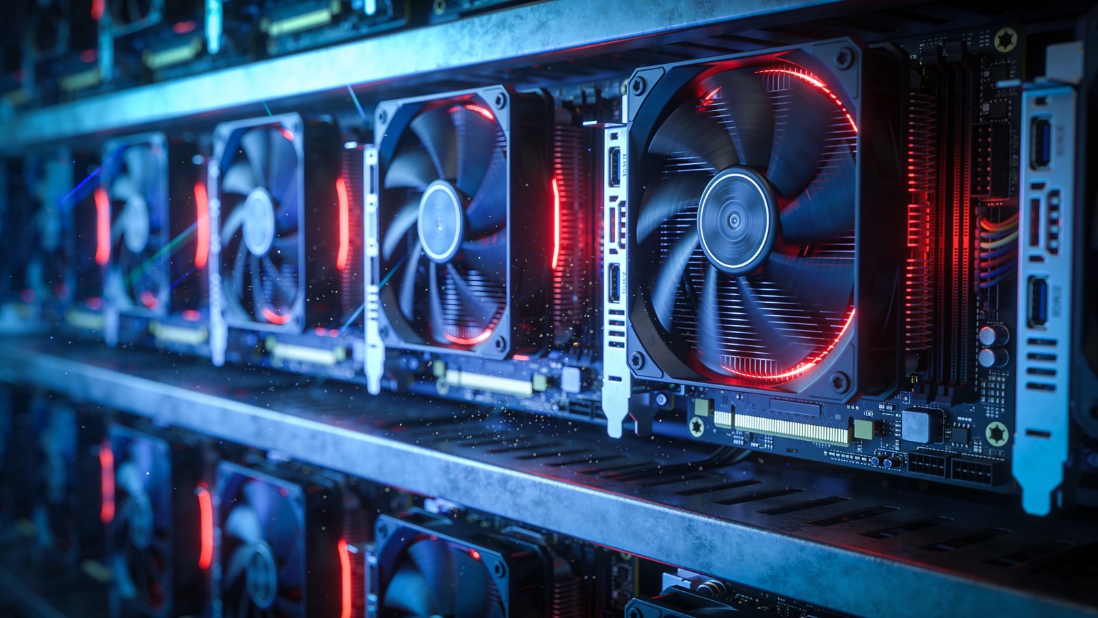 Close-up de um cluster de GPUs instaladas em um servidor de alto desempenho, destacando a infraestrutura voltada para inteligência artificial (IA), machine learning, treinamento de modelos, inferência e computação de alto desempenho (HPC). A imagem representa ambientes de data center, servidores GPU, cloud computing e processamento paralelo, ideais para workloads corporativos que exigem alta performance, escalabilidade e eficiência computacional.