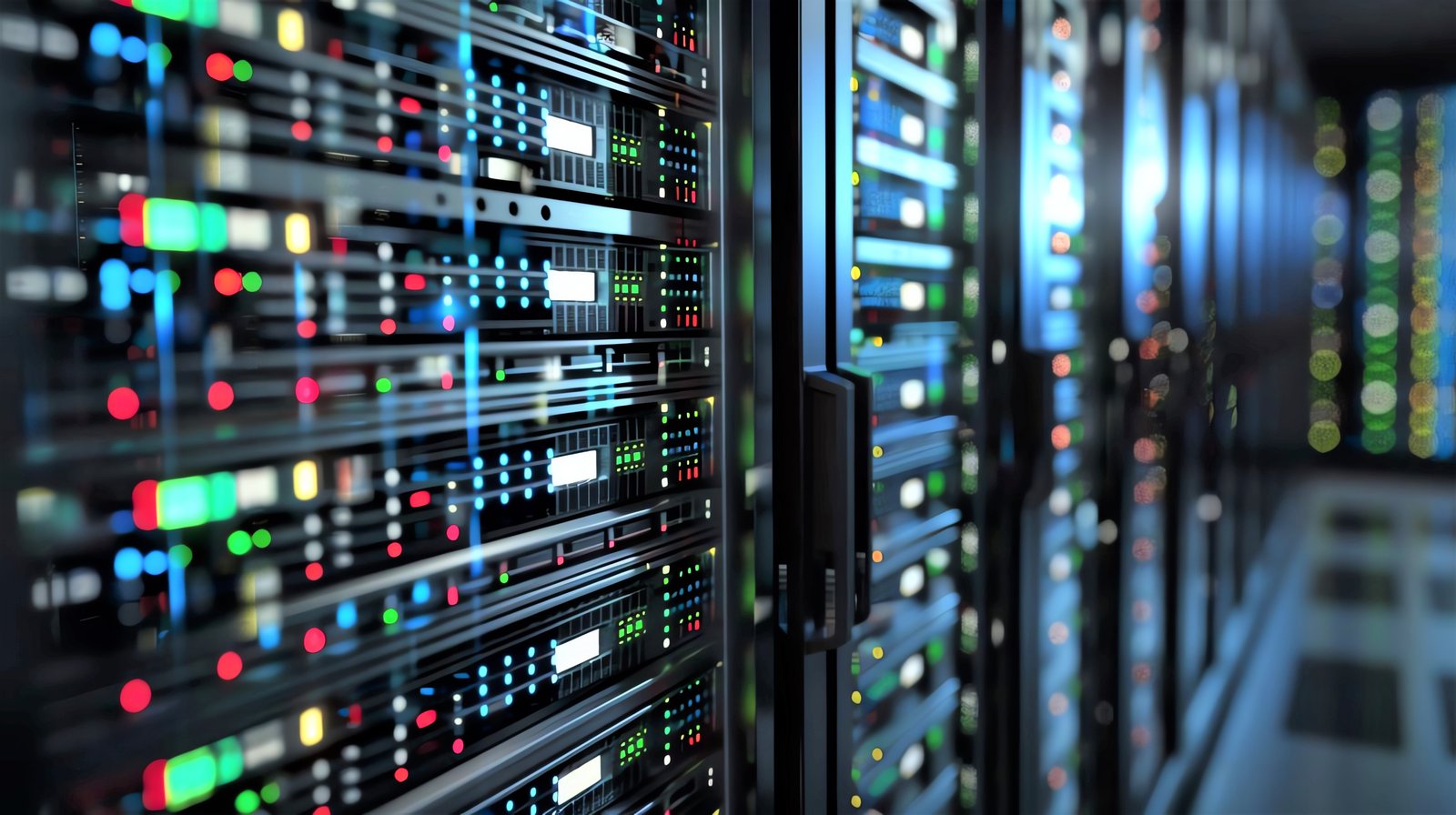 A imagem mostra um corredor de data center com racks de servidores empresariais em primeiro plano, destacando a densidade de LEDs de status coloridos (verde, vermelho, azul e âmbar) em uma atmosfera fria, tecnológica e estéril.