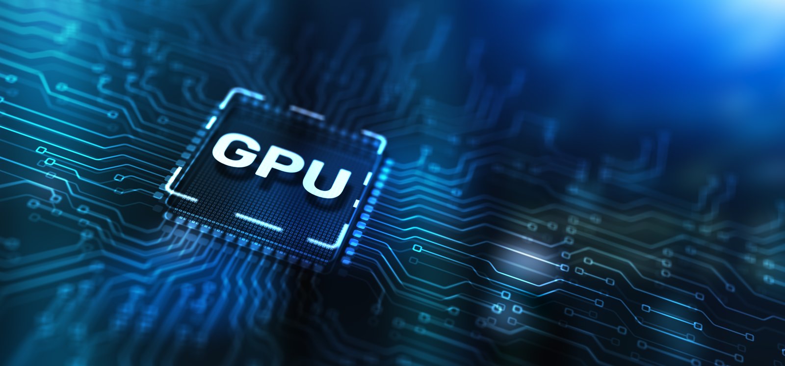 Imagem em close-up de uma GPU (Graphics Processing Unit) sobre uma placa de circuito eletrônico, com iluminação em tons de azul e circuitos digitais ao redor, representando processamento gráfico, computação de alto desempenho e infraestrutura para inteligência artificial (IA).