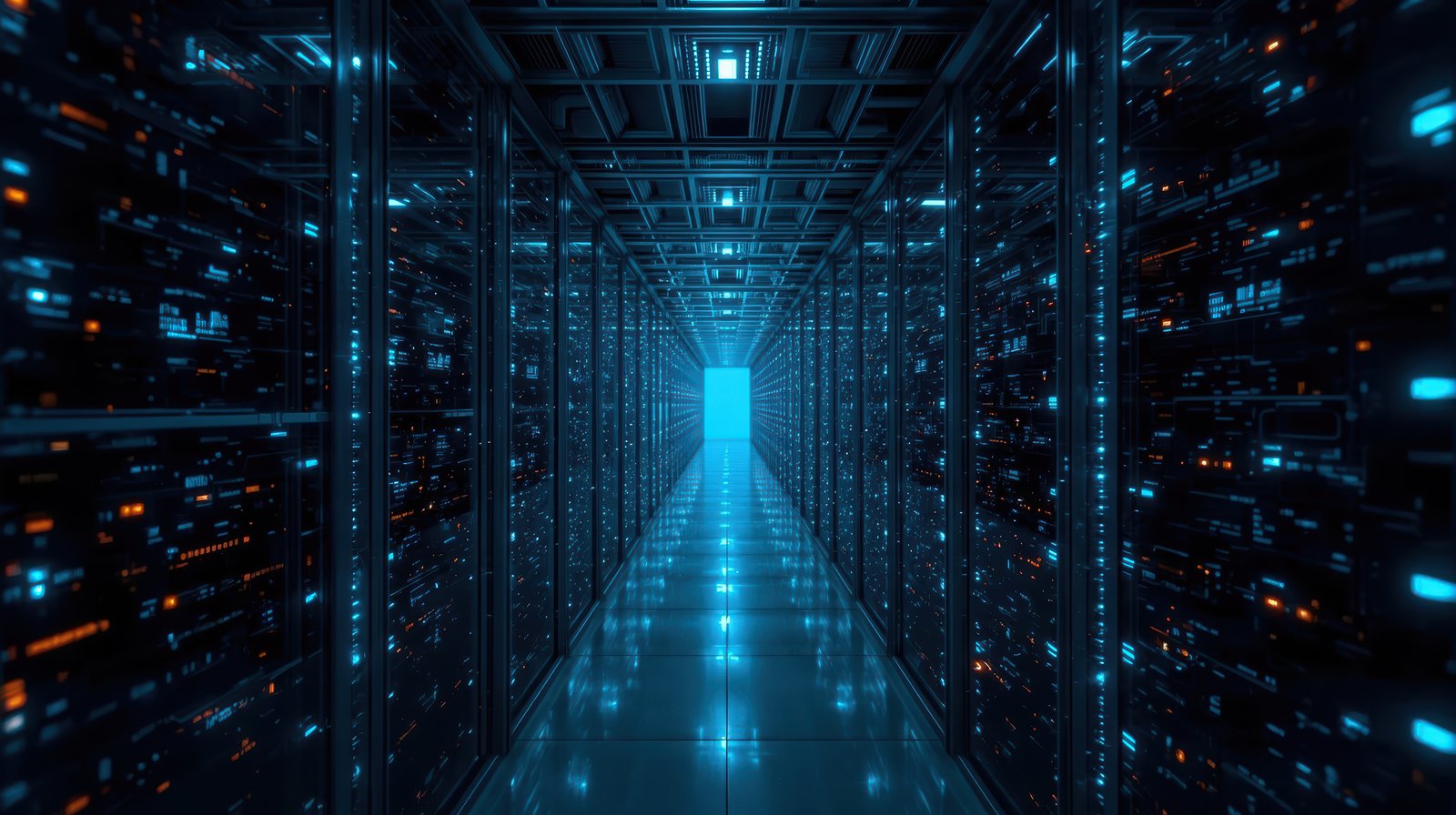 Imagem de um data center moderno, com corredores de racks de servidores iluminados em tons de azul e detalhes em laranja, destacando infraestrutura de TI, computação em nuvem, armazenamento de dados e processamento de alto desempenho.