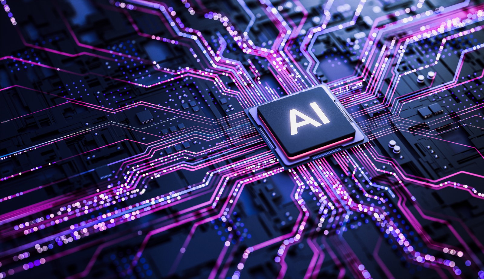 A última imagem mostra um close-up de um chip de inteligência artificial (IA) posicionado no centro de uma placa de circuito eletrônico. O chip é escuro, quadrado e traz a inscrição “AI” em destaque, enquanto diversas trilhas luminosas em tons de rosa, roxo e branco se espalham a partir dele pela placa, criando uma representação visual de processamento e conectividade. A composição tem uma estética futurista e tecnológica, com fundo escuro, iluminação neon e profundidade de campo. A imagem transmite conceitos de inteligência artificial, inovação, processamento de dados, conectividade e tecnologia avançada.