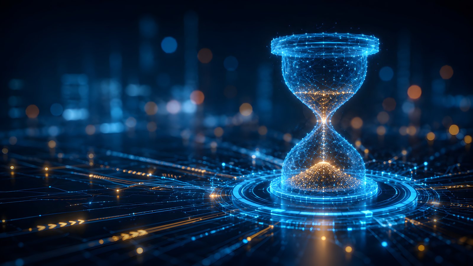 Imagem conceitual de uma ampulheta digital formada por partículas e conexões luminosas em azul e dourado, sobre uma superfície tecnológica, representando gestão do tempo, processamento de dados, inovação e transformação digital.