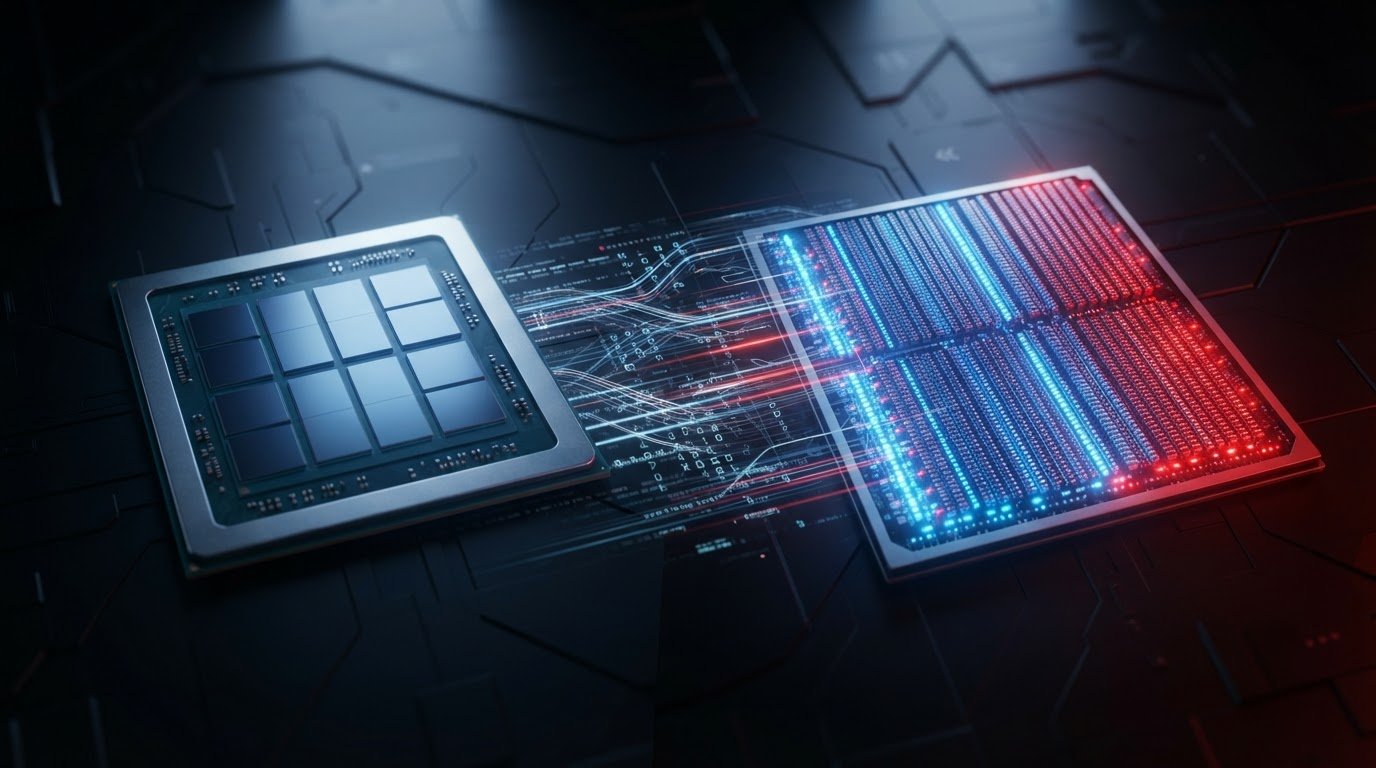 Comparação visual entre GPU com milhares de núcleos paralelos em vermelho e CPU com poucos núcleos em azul, representando a vantagem da GPU para IA e LLM.
