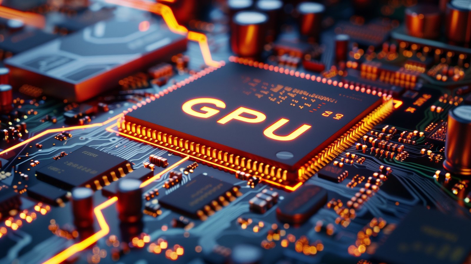 Placa-mãe em close com um chip GPU no centro; o texto "GPU" e as trilhas da placa brilham em laranja, contrastando com o azul-petróleo da placa e os componentes metálicos ao redor.