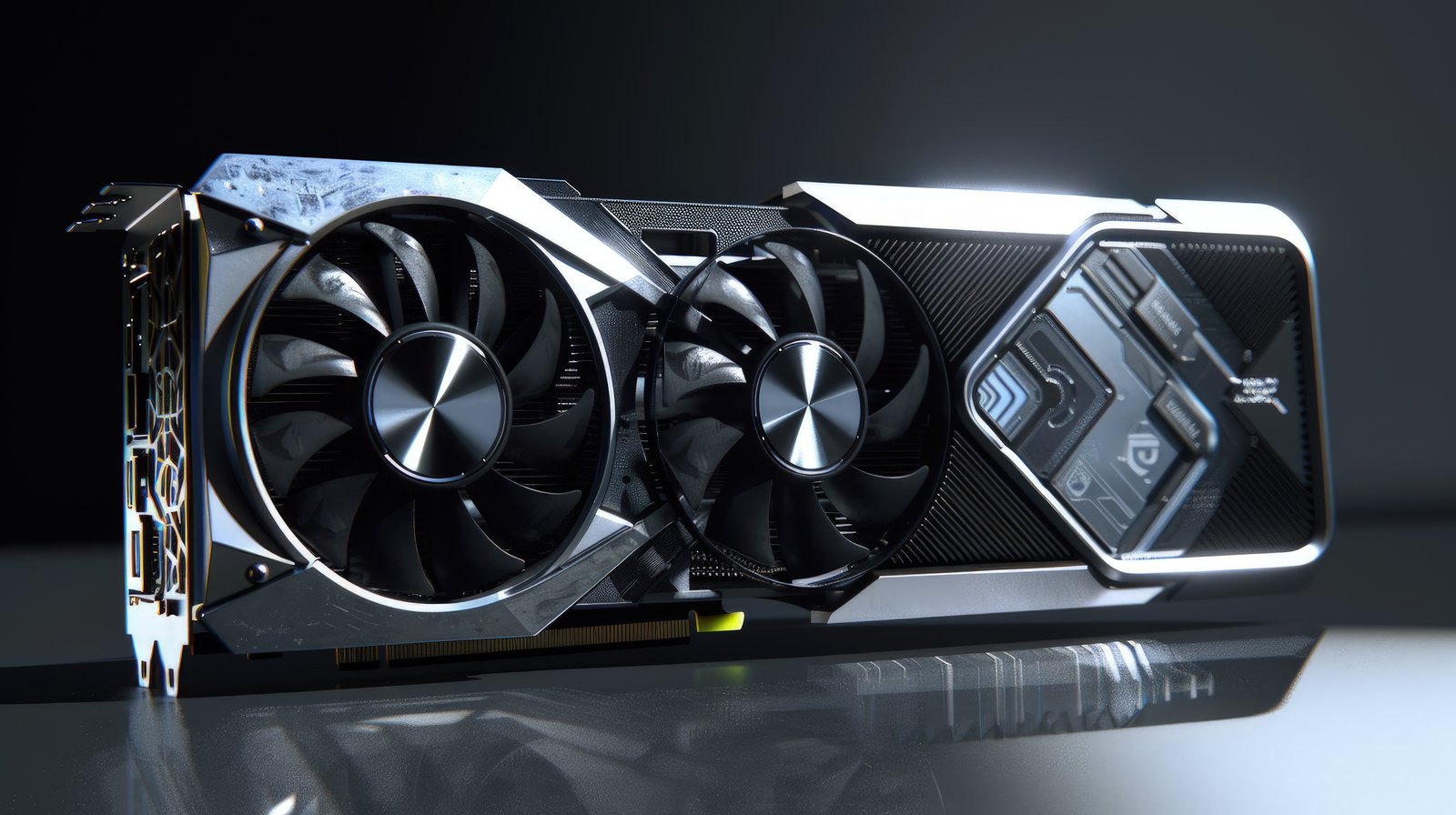 Placa de video GPU de alta performance com cooler duplo, ilustração representativa de hardware acelerado para inteligência artificial, machine learning e processamento gráfico em data center.