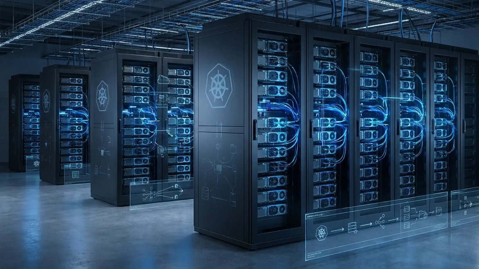 Servidores dedicados no tom azul com fios interligados fazendo migração de IA para GPU