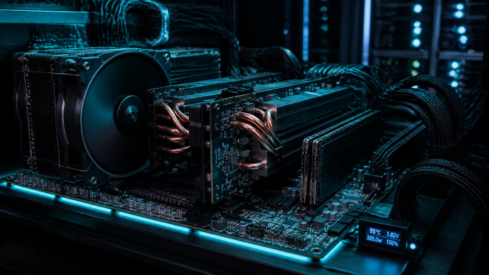 Interior de um PC de alto desempenho com dissipadores de alumínio, tubos de calor de cobre e iluminação ciano