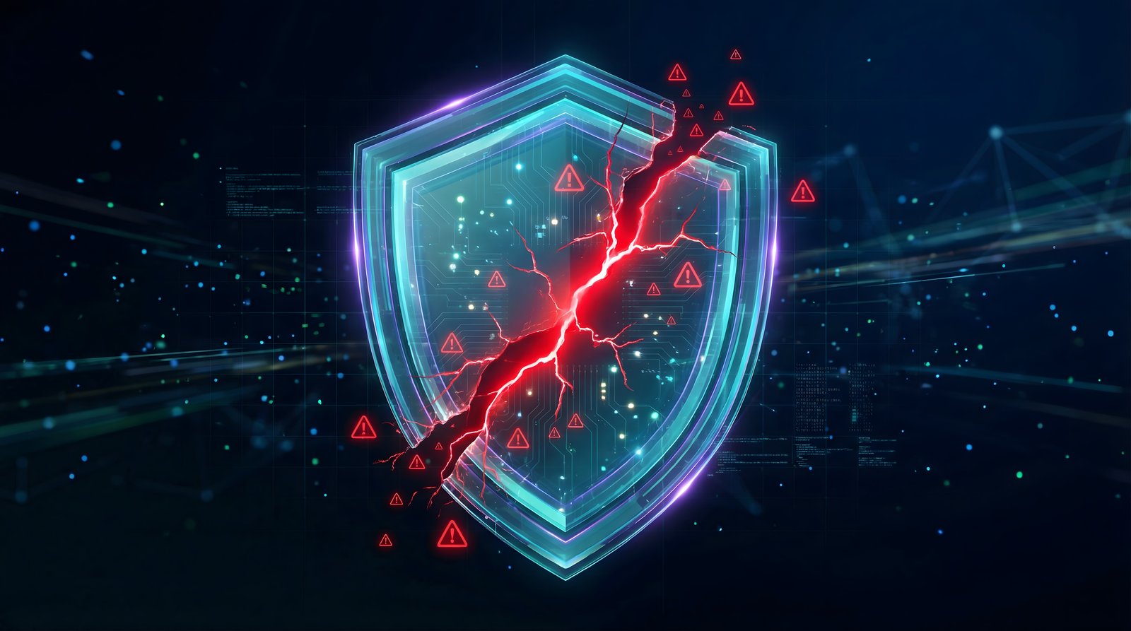 Ilustração digital de um escudo de segurança rachado por uma fissura vermelha, cercado por ícones de alerta, simbolizando vulnerabilidades em cibersegurança e falhas de proteção de dados. A imagem representa ataques cibernéticos, brechas de segurança, riscos de malware, ameaças digitais e a necessidade de fortalecer a segurança da informação em ambientes corporativos, cloud computing e infraestrutura de TI.